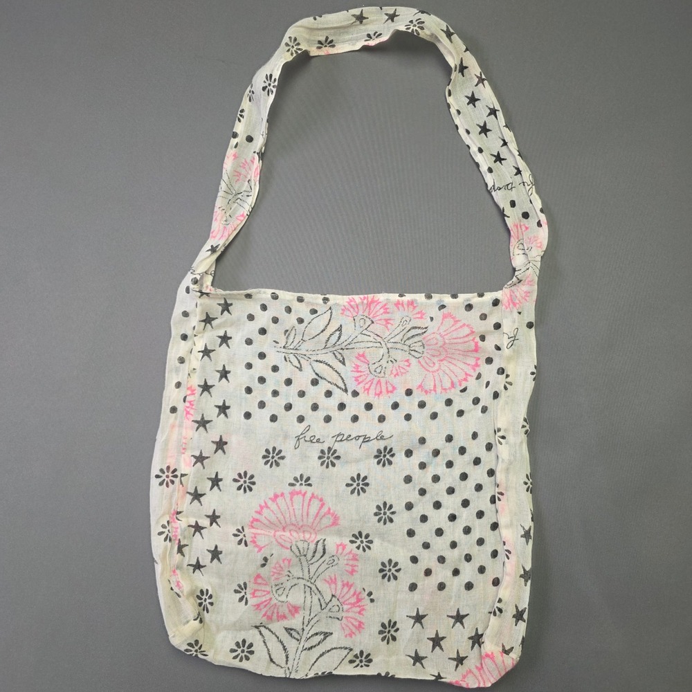 Free People Floral Star Polka Dot Cotton Reusable Tote Bag Ivory Pink Black